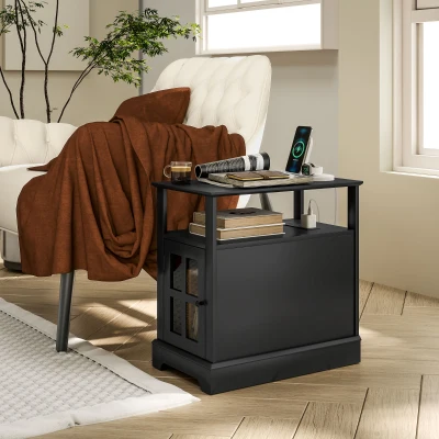 HOMCOM Narrow End Table with Charging Station & Storage, Black