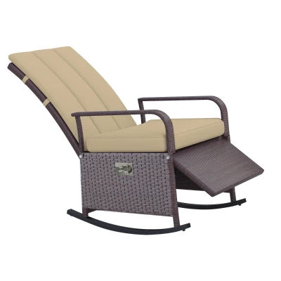 Outsunny Outdoor Wicker Rocking Chair Patio PE Rattan Recliner Chair with Cushion, Adjustable Footrest, Armrests, Khaki
