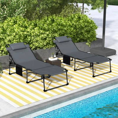Outsunny 2-Piece Folding Chaise Lounge Chairs, Gray, 5-Level Recline