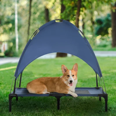 PawHut 36" Elevated Dog Cot with UV Protection Canopy, Dark Blue