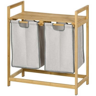 HOMCOM Bamboo Laundry Basket, Double Hamper with Shelf, Natural
