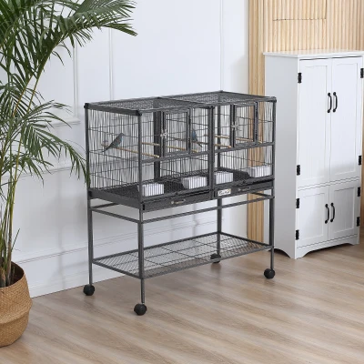 PawHut Divided Bird Cage with Rolling Stand & Removable Tray