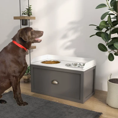PawHut Elevated Pet Feeding Station with Storage, 2 Bowls, Gray