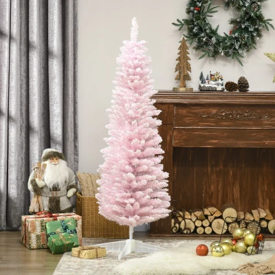 HOMCOM 5' Pink Snow Flocked Artificial Christmas Tree, Pencil Shape