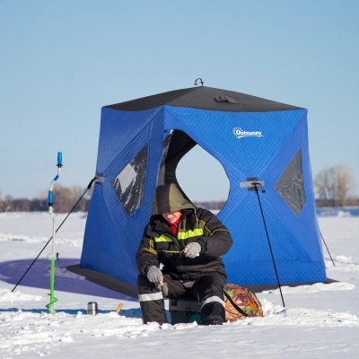 Outsunny 2 Person Insulated Ice Fishing Shelter Pop-Up Portable Ice Fishing Tent with Carry Bag and Anchors for Lowest Temps -22℉, Dark Blue