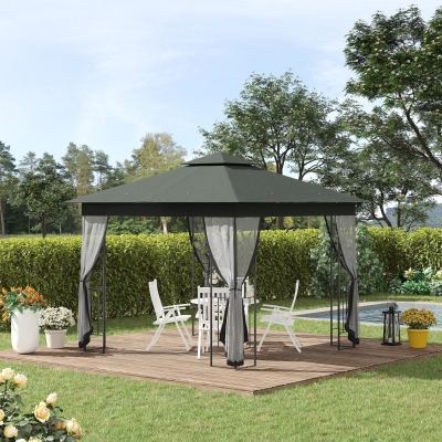 Outsunny 10'x10' Soft-top Steel Patio Gazebo Outdoor Sun Shelter with 2-Tier Polyester Roof, Curtain Sidewalls, Grey