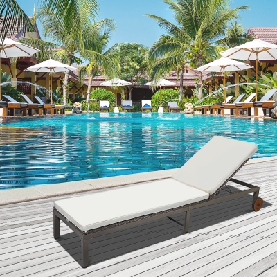 Outsunny Patio Rattan Sun Lounger with 4-Level Adjustable Backrest and Wheels, Wicker Chaise Lounge Chair with Cushion, for Patio, Deck, Poolside Cream White