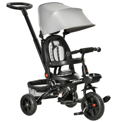 Qaba Tricycle for Toddler 4 in 1 Kids Trike with Reversible Adjustable Seat, Baby Push Bike with Removable Handle, Canopy, Belt Storage Brake Clutch for 1-5 Years, Grey