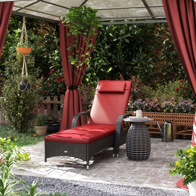 Outsunny Outdoor Lounger, Deck Lounge Chair with Headrest, 5-Level Adjustable, Backrest, Wheels, Deep Coffee and Wine Red