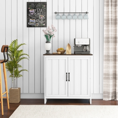 HOMCOM Kitchen Sideboard, Modern Storage Cabinet with Beadboard Doors and Adjustable Shelf for Dining Room, White