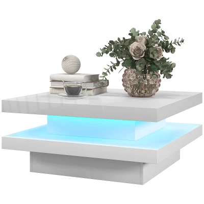 HOMCOM Square Coffee Table with 7 LED Lights and Remote, 2-Tier Modern Center Table for Living Room, White