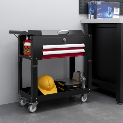 HOMCOM Tool Cart on Wheels Service Cart with 2 Drawers Tray Lockable Flip Top Storage for Garage Warehouse Workshop Black