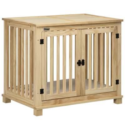 PawHut Wooden Dog Crate End Table with Cushion, Double Doors