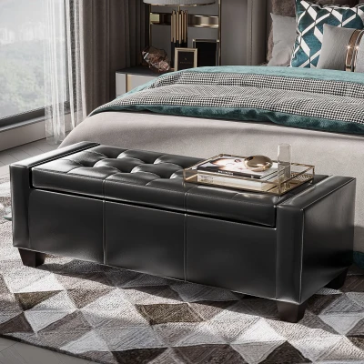 HOMCOM 51" Tufted Faux Leather Storage Ottoman, Black