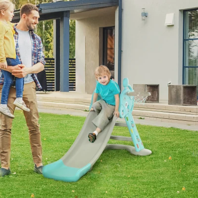 Qaba 2-in-1 Kids Slide & Basketball Hoop, Blue, Toddler Playset