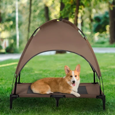 PawHut 36" Elevated Dog Cot Bed with Canopy Shade, Coffee
