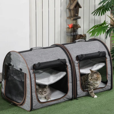 PawHut 39" Portable Cat Carrier, 2 Compartments, Light Gray
