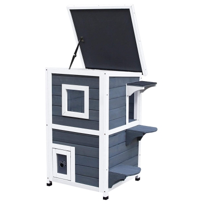 PawHut 2 Story Wooden Outdoor Cat House with Windows, Platforms, Openable Top, Asphalt Roof, Grey