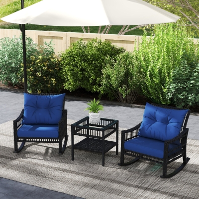 Outsunny 3 Pieces Outdoor PE Rattan Rocker Chair Set, Rocking Chair with Tempered Glass Table Top, 25"x26"x28", Dark Blue