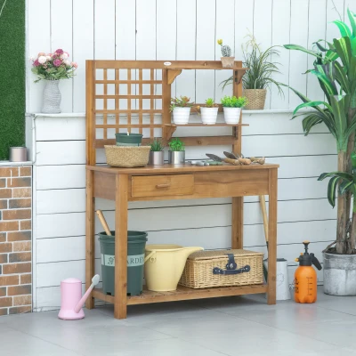 Outsunny Wooden Potting Bench Table, Outdoor Workstation, Brown
