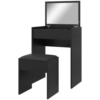 HOMCOM Modern Vanity Set with Makeup Table and Cushioned Stool, Dressing Table with Flip Top and Mirror for Bedroom, Black