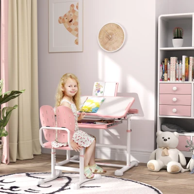 Qaba Kids Desk & Chair Set, Adjustable with Storage, Pink