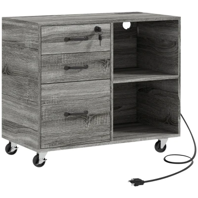 HOMCOM Mobile Printer Stand with Charging Station USB Ports Locking Filing Cabinet for A4 Letter Size Grey