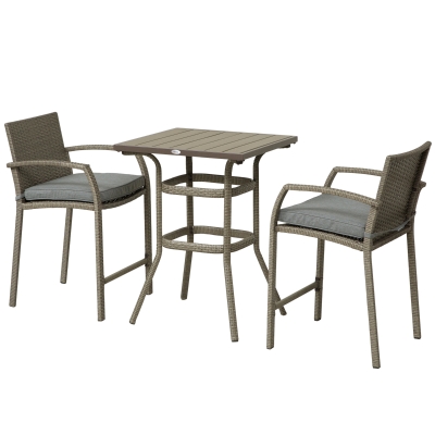 Outsunny 3 PCS Rattan Bar Set with Wood Grain Table, Gray