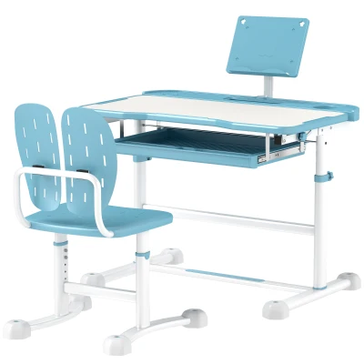 Qaba Height Adjustable Kids Desk and Chair Set with Tilt Desktop, Large Writing Board, Storage Drawer, Book Stand, Blue