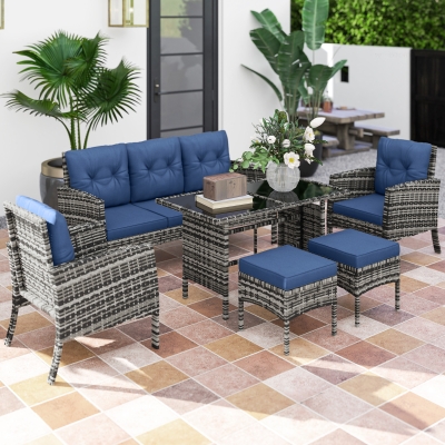 Outsunny 6 Piece Patio Furniture Set with Patio Chairs, Ottomans, Sofa, Glass Top Table and Cushions, Wicker Rattan Outdoor Furniture Set for Backyard, Porch, Navy Blue