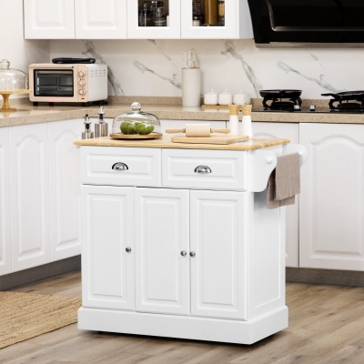 HOMCOM Kitchen Island With Storage Rolling Kitchen Serving Cart with Rubber Wood Top Towel Rack Storage Drawer Cabinet, White