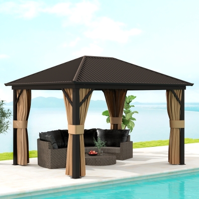 Outsunny 10' x 12' Outdoor Hardtop Gazebo Metal Roof Patio Gazebo with Aluminum Frame, Mesh Nettings, Brown
