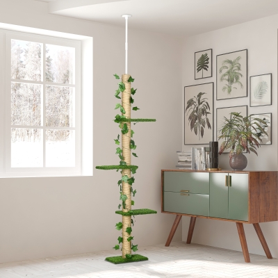 PawHut 4-Tier Floor to Ceiling Cat Tree, Height(80-95Inches)Adjustable, Tall Cat Tower w/ Anti-Slip Kit, Leaves, Multi-Layer Activity Centre w/ Scratching Post