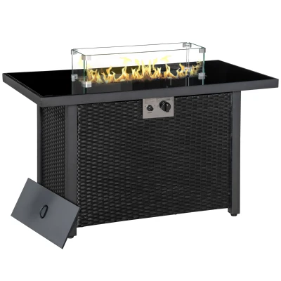 Outsunny Propane Fire Pit Table 43in Outdoor Fire Table, 50,000 BTU Pulse-Ignition Wicker Firepit Furniture with Glass Wind Guard, Blue Glass Rock, CSA Certification, Black