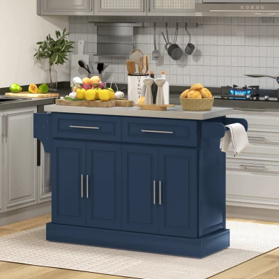 HOMCOM Rolling Kitchen Island, Stainless Steel Top, Navy Blue