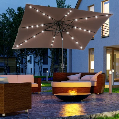 Outsunny 9' Solar Umbrella, LED Lighted Outdoor Patio Umbrella, Brown