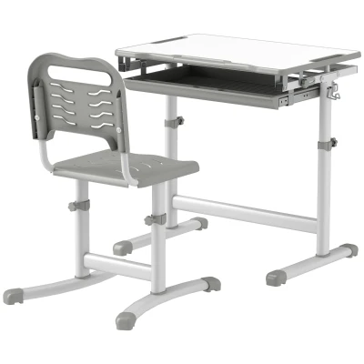 Qaba Height Adjustable Study Table and Chair Set with Drawer, Pen Slot, Tiltable Desktop, Hook, Grey
