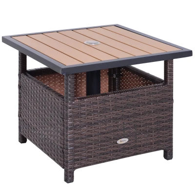 Outsunny 22" Square Steel PE Rattan Wicker Table With Umbrella Hole, Outdoor Patio Accent Dining Side Table Used as Umbrella Stand, Brown