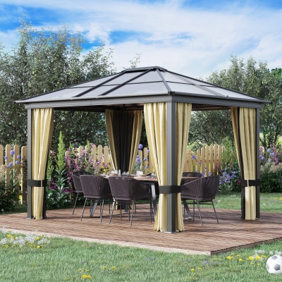 Outsunny 10' x 12' Hardtop Gazebo Canopy with Polycarbonate Roof, Aluminum Frame, Netting, Curtains and Ceiling Hook, Brown