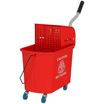 HOMCOM Compact Mop Bucket with Wringer, Mop Bucket on Wheels for Floor Cleaning, 5 Gallon, Separate Dirty and Clean Water, Red