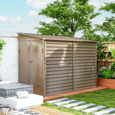 Outsunny 4.6' x 9' Outdoor Storage Shed, Lean to Metal Shed with Foundation Kit, Lockable Doors and Gloves for Patio, Lawn, Brown(m-8)
