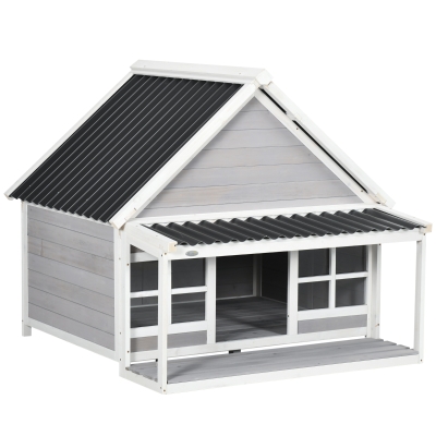 PawHut Wooden Dog House with Porch, Tilt Roof for Large Dogs