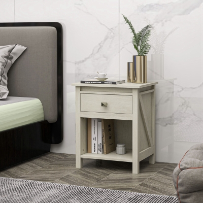 HOMCOM Bedside Table, Farmhouse Nightstand with with Drawer and Storage Shelf, Night Table for Bedroom, White