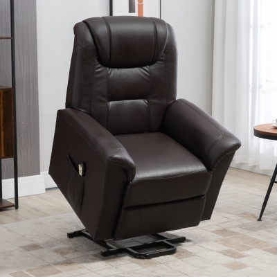 HOMCOM Electric Power Lift Chair for Elderly, PU Leather Recliner Sofa with Footrest and Remote Control, Side Pockets for Living Room, Brown