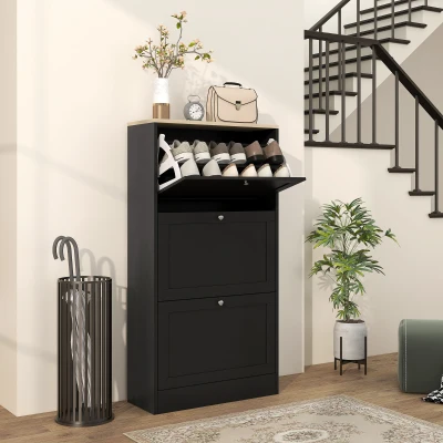 HOMCOM Modern Shoe Cabinet with 3 Flip Drawers, Black
