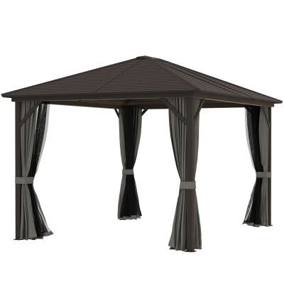 Outsunny 10' x 12' Deluxe Hardtop Gazebo with Metal Roof, Aluminum Frame Patio Gazebo Garden Sun Shelter Outdoor Pavilion with Curtains and Netting, Grey