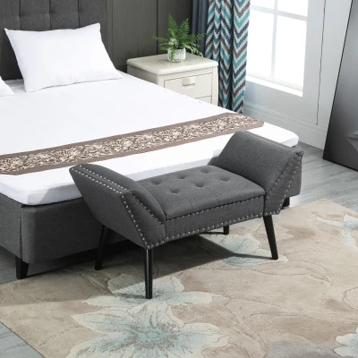 HOMCOM Modern Tufted Bench, Fabric Ottoman, Charcoal Gray