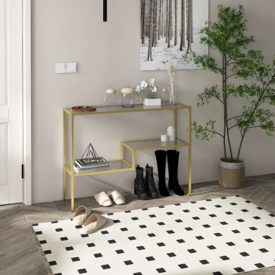 HOMCOM Gold Console Table, 39" Glass Sofa Table with Storage Shelves