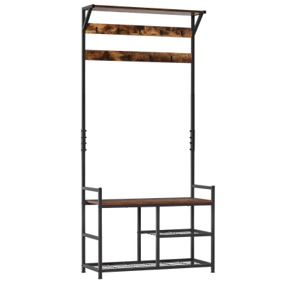 HOMCOM 3-in-1 Hall Tree Coat Rack Shoe Bench, Brown/Black