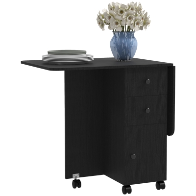 HOMCOM Drop Leaf Dining Table, Mobile Folding Table on Wheels with Drawers and Cabinet for Dining Room, Kitchen, Black